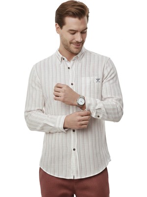 RizzUP Bordo Rahat Kalıp Çizgili Erkek Gömlek – Cepli Ahşap Düğmeli Doğal Dokulu Yeni Sezon 2602623