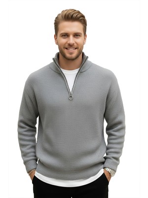 Rizzup Erkek Gri Yarım Fermuarlı Oversize Kesim Triko Kazak – Yumuşak Dokulu Örgü Kazak 2608511
