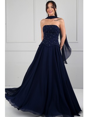 By Saygı Kadın Straplez Yaka Balenli Taş Detaylı Astarlı Uzun Şifon Elbise