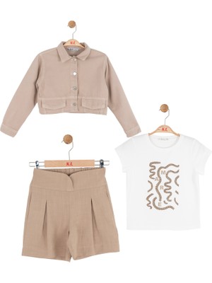 Ugly Duck 8-14 Yaş Kız Çocuk Vizon Ceket T-Shirt Şort Takım Pamuk 3’lü Set