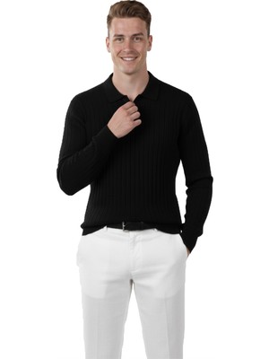 Rizzup Erkek Siyah Polo Yaka Fitilli Triko Kazak – %100 Pamuk, Esnek Dokulu, Modern Kalıp 2605306