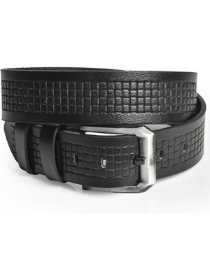 Rizzup Erkek Siyah Hakiki Manda Derisi Kot Kemeri 4,5 cm Kare Desenli Spor Kot Kemeri 2402632