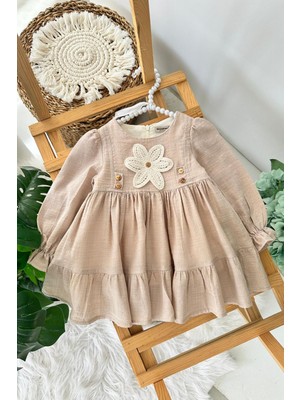 Miniğimin Cicileri (9-24 Ay) Çiçek Aplikeli Düğme Detaylı Kız Bebek Pamuklu Elbise - Bej