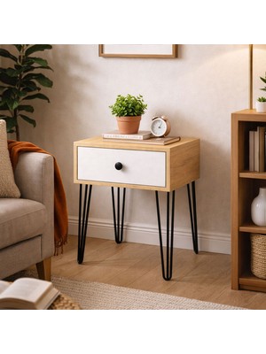 Ratemo Mobilya Modern Metal Ayaklı Suntalam Komodin (Beyaz / Sonoma Ceviz Renk)