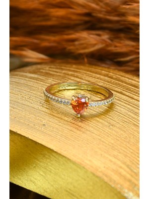 Yan Kolları Taşlı Turuncu Taşlı Kalp 14 Ayar A065282