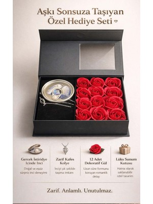 FaroxTech Istiridye Içinde Gerçek Inci Kolye ve Solmayan Gül Hediye Seti Tasarımlı Kutu