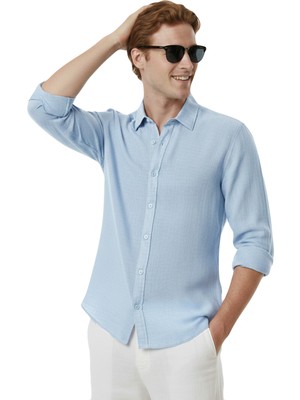 RizzUP Mavi Rahat Kalıp %100 Keten Erkek Gömlek – Yazlık Çizgi Desenli Yeni Sezon Gömlek 2602616