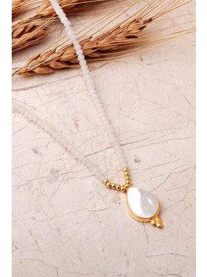 Sümer Telkari Sedef Taşlı Damla Altın Yaldızlı 925 Ayar Gümüş Kuvars Dizgi Kolye 8120