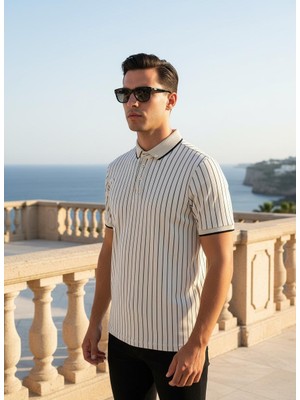 Nakşi Giyim Erkek Polo Yaka Çizgili Triko Tişört Düğmeli Kısa Kollu Günlük Şık Üst