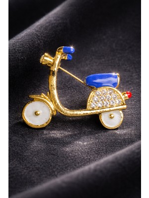 Göksunun İzi Altın Kaplama Mavi Taşlı Retro Scooter Motor Broş Rozet