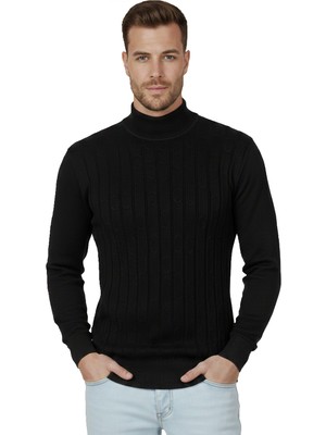 Rizzup Siyah Slim Fit Yarım Boğazlı Likralı Erkek Triko Kazak – Çizgi Dokulu Dar Kesim Kazak 2505501