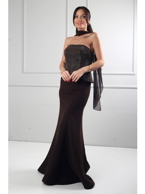 By Saygı Kadın Straplez Yaka Balenli Taş Detaylı Astarlı Krep Balık Elbise