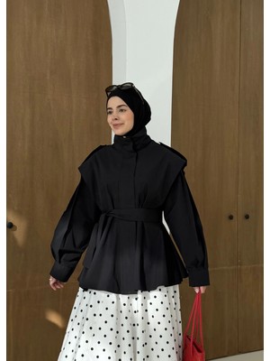 Moda Aksa 7623 Dik Yaka Geniş Omuz Trenç Siyah