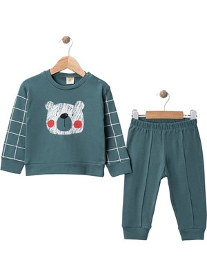 %100 Pamuk Erkek Bebek Ayıcık Baskılı 2’li Eşofman Takımı – Günlük Spor Set (6-18 Ay)
