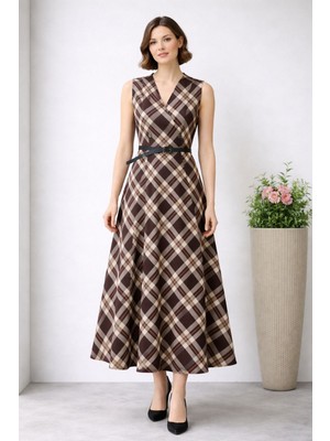 Hiramir Kadın Ekose Desenli V Yaka Jile Elbise