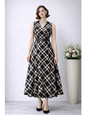 Hiramir Kadın Ekose Desenli V Yaka Jile Elbise