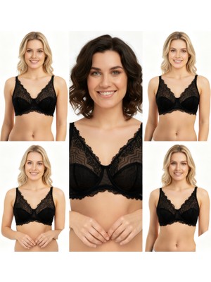 Bonbon Kadın Dantelli Toparlayacı Siyah Renk 5'li Paket Sütyen BB2296