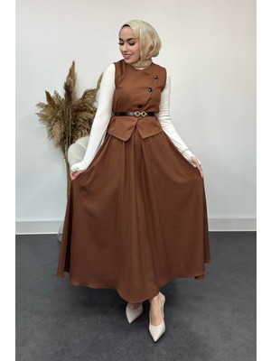 Tesettür Diyarı Sofya Keten Kumaş Yelek ve Etek 2 Li Takım-Kahverengi