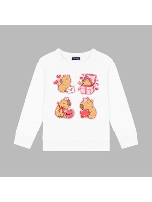 Mixxi Fashion Sevimli Kapibara Capybara Love Kalpli Balonlu 3 Iplik Bisiklet Yaka Kız Çocuk Sweatshirt(4-13 Yaş)