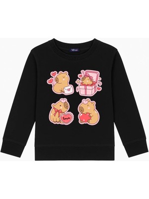 Mixxi Fashion Sevimli Kapibara Capybara Love Kalpli Balonlu 3 Iplik Bisiklet Yaka Kız Çocuk Sweatshirt(4-13 Yaş)