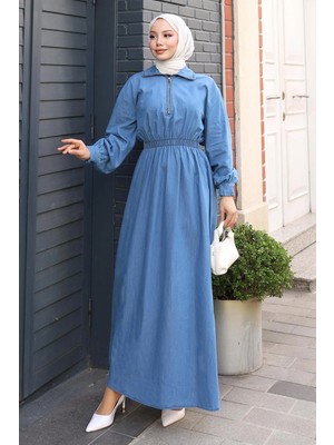 Fermuarlı Beli Lastikli Kot Elbise Açık Kot MSV19240