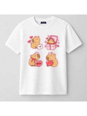 Mixxi Fashion Sevimli Kapibara Capybara Love Kalpli Balonlu Baskılı Kısa Kollu Kız Çocuk Tişört (4-13 Yaş)