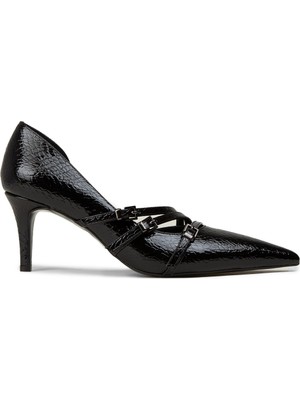 Deery Kadın Siyah Krokodil Desenli Sivri Burun Topuklu Ayakkabı - V4009ZSYHM01