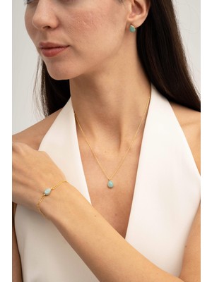 Sümer Telkari Amazonit Taşlı Altın Yaldızlı 925 Ayar Gümüş Damla Üçlü Set 2869