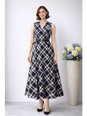 Hiramir Kadın Ekose Desenli V Yaka Jile Elbise