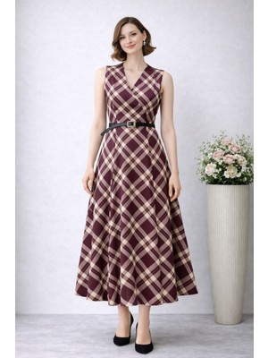 Hiramir Kadın Ekose Desenli V Yaka Jile Elbise