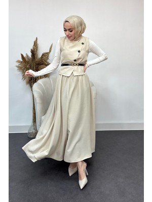 Tesettür Diyarı Sofya Keten Kumaş Yelek ve Etek 2 Li Takım-Krem