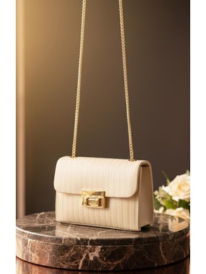 Addy Krem Çizgili Desenli Gold Zincir Askılı Portföy Omuz ve El Çantası E19B13