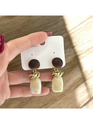 Atelier Çağla Kahverengi Ahşap Krem Mermer Görünümlü Kadın Küpe