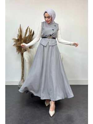 Tesettür Diyarı Sofya Keten Kumaş Yelek ve Etek 2 Li Takım-Gri