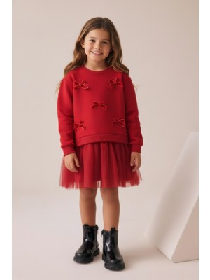 Minipodyum Kadife Fiyonklu Tüllü Kız Çocuk Elbise