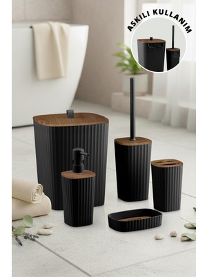 Okyanus Home Yapışkanlı Ahşap Desenli Safir Siyah 5'li Banyo Seti