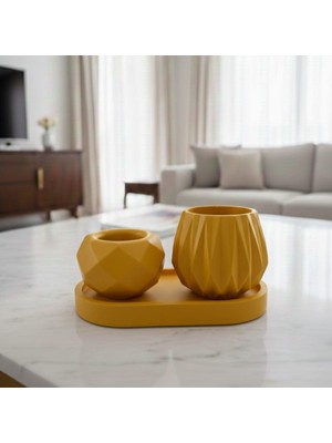 Lenisa Taş Tozu 3'lü Set Elmas Kesim, Tea Light Mumluk ve Alt Tepsi Vazo