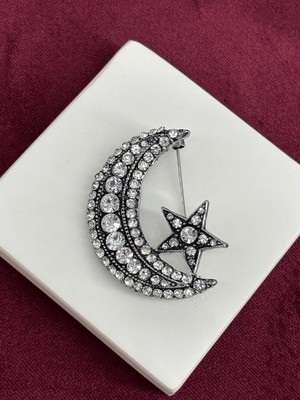 Calista Aksesuar Gümüş Taşlarla Kaplı Ay-Yıldız Figürlü Silver Broş