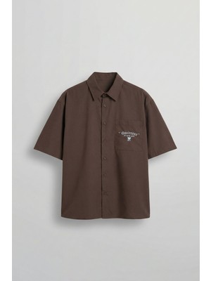 Abluka Online Erkek Sırt Baskılı Kısa Kollu %100 Pamuk Gömlek Kahverengi