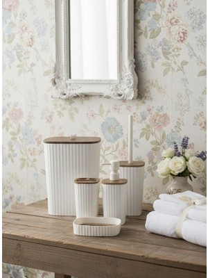 Okyanus Home Yapışkanlı Ahşap Desenli Safir Beyaz 5'li Banyo Seti