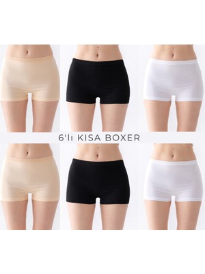 Olizza Kadın Boxer Külot 6'lı Pamuklu Likralı Yüksek Bel Iç Çamaşır (Siyah Beyaz Ten Her Renk 2 Adet)