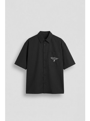 Abluka Online Erkek Sırt Baskılı Kısa Kollu %100 Pamuk Gömlek Siyah