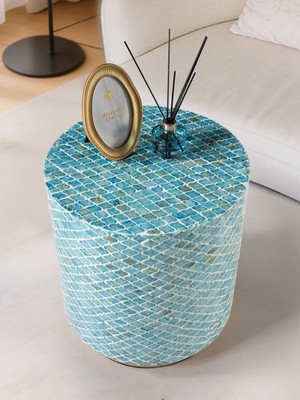 Lisso Home Zenya Doğal Sedef Kaplama Lüks El Işçiliği Yan Sehpa / Tabure 40X40 H:45