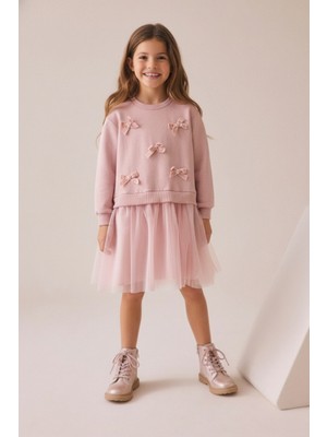 Minipodyum Kadife Fiyonklu Tüllü Kız Çocuk Elbise