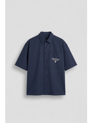 Abluka Online Erkek Sırt Baskılı Kısa Kollu %100 Pamuk Gömlek Lacivert
