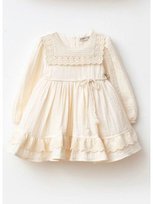 Miniğimin Cicileri (9-24 Ay) Dantel Yaka Kuşaklı Kız Bebek Elbise - Krem