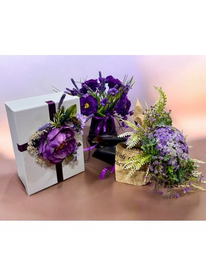 Sedosh Home Vision 3'lü Mor Çiçek Hediye Seti - Çiçek Buketi + Aranjman + Çiçekli Hediye Kutusu “beni Affet”