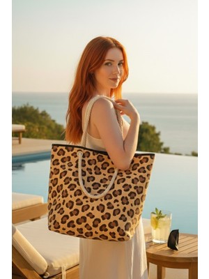 Luxway Home Leopar Desenli Büyük Boy Piknik ve Plaj Çantası –  Halat Saplı – 48X36X18 cm