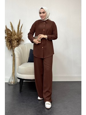 Tesettür Diyarı Gömlek Yaka Krep Ikili Takım-Kahverengi