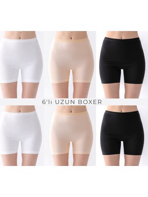 Olizza Kadın Uzun Boxer Külot 6'lı Pamuklu Likralı Yüksek Bel Iç Çamaşır (Siyah Beyaz Ten Her Renk 2 Adet)